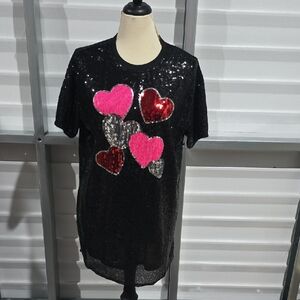 Simply Southern Black Sequin Dress with Pink,‎ Red, and Silver Hearts Size L/XL